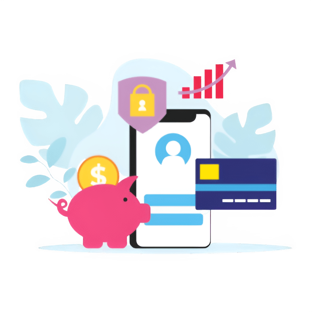 Illustration symbolizing saving money, featuring a piggy bank, credit and debit cards, and a phone screen for financial management.