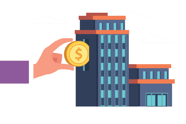 Illustration of a businessman's hand inserting a gold coin into a building, symbolizing investment and financial growth.