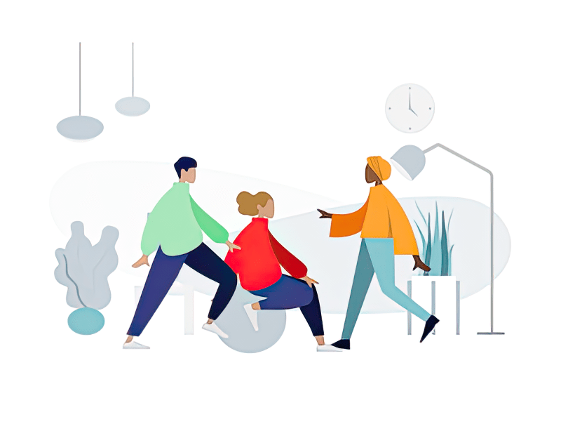 Three People in Living Room Conversation - Social Interaction Illustration