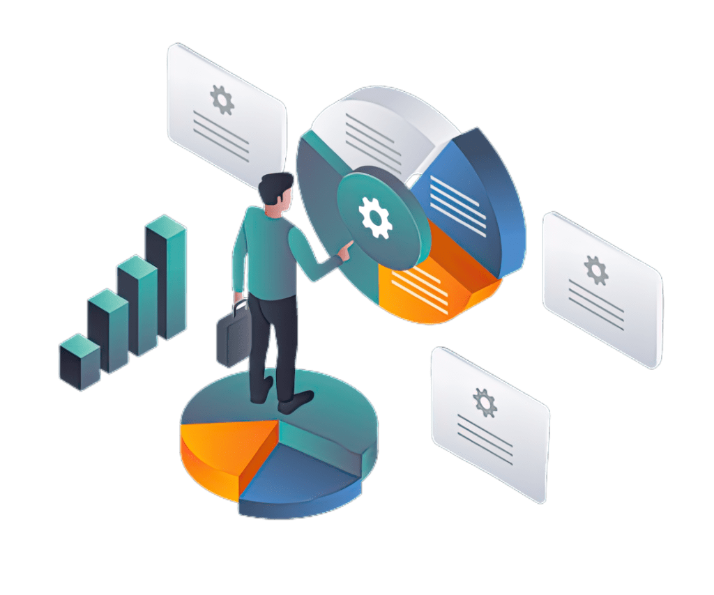 Illustration of a man analyzing investment business pie charts.